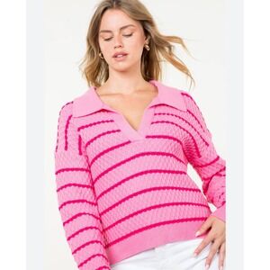 THML Pink Striped Knit Polo Sweater V-Neck Long Sleeves Medium